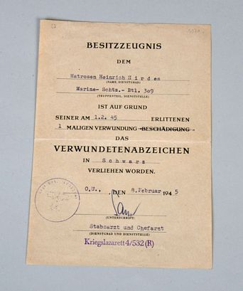 GERMAN WWII KRIEGSMARINE BLACK WOUND BADGE CITATION.