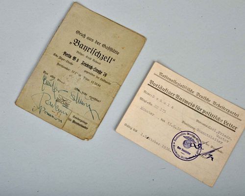 GERMAN WWII SS KARL SCHULZ POLITICAL LEADERS IDENTITY CARD.