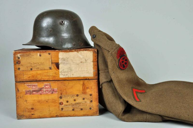 GERMAN WWI M.17 POST HOME HELMET, BOXED GROUPING.