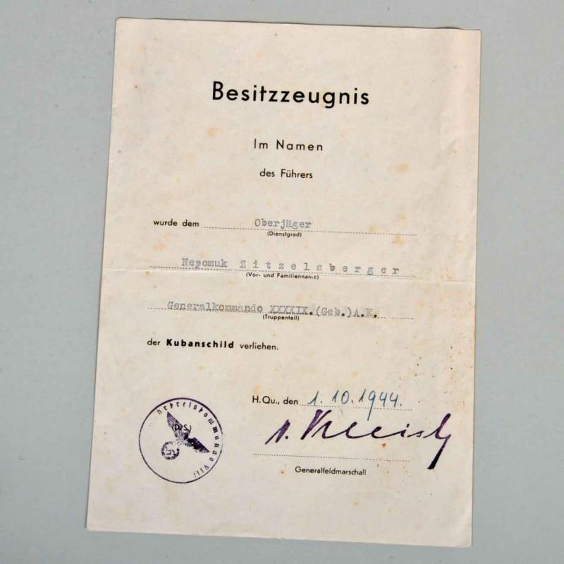 GERMAN WWII KUBAN SHIELD CITATION.