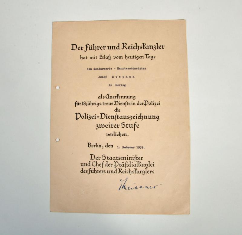 GERMAN THIRD REICH POLICE 18 YEAR LONG SERVICE CITATION.