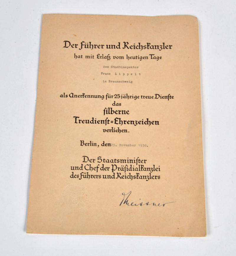 GERMAN WWII 25 YEAR LONG SERVICE CITATION.
