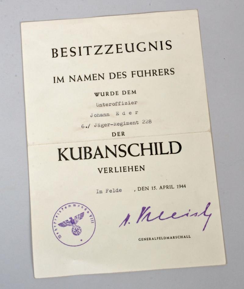GERMAN WWII KUBAN SHIELD CITATION.