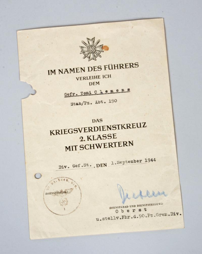 GERMAN WWII WAR SERVICE CROSS CITATION.