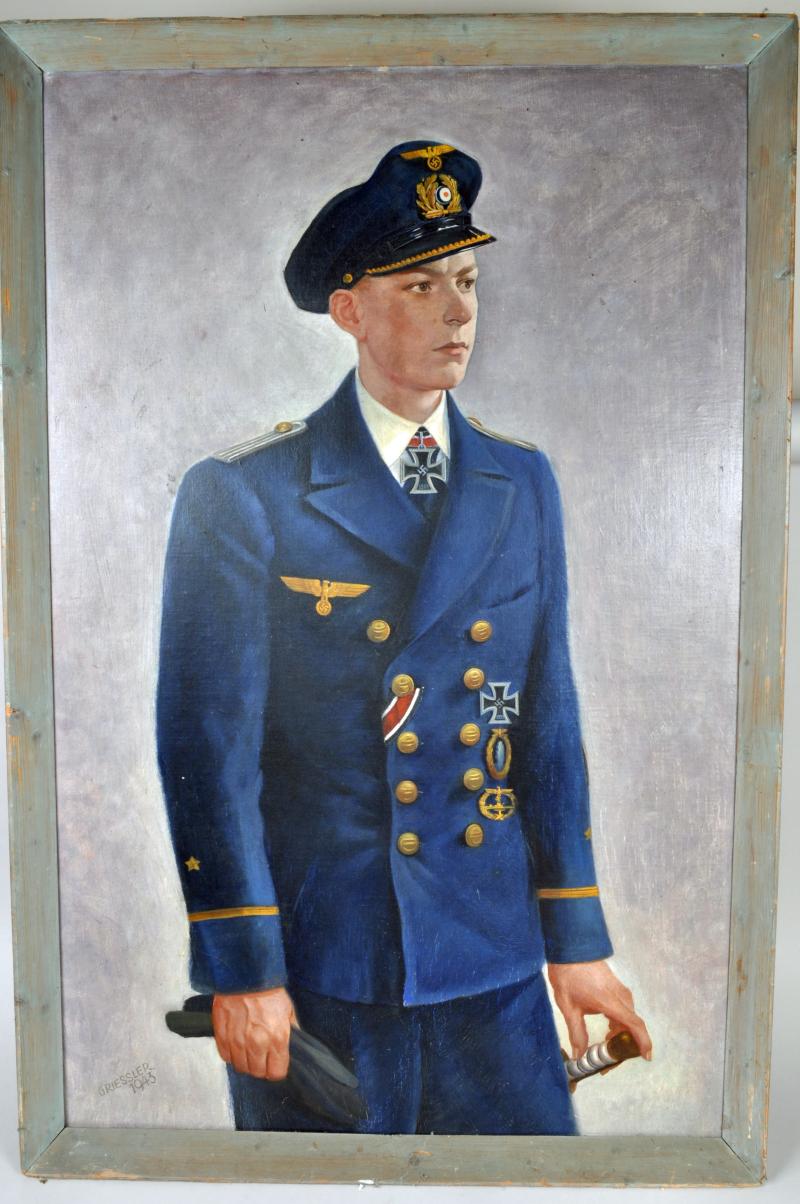 GERMAN WWII KRIEGSMARINE SUBMARINERS KNIGHTS CROSS OIL PAINTING.