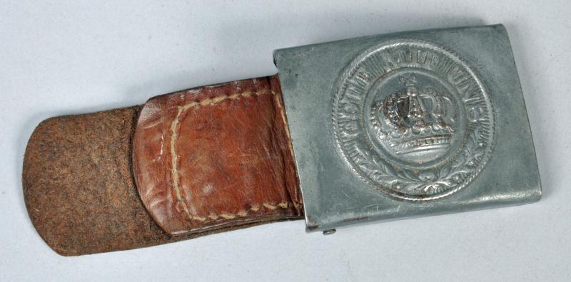 GERMAN WWI PRUSSIAN ALL STEEL BELT BUCKLE AND LEATHER TAB.