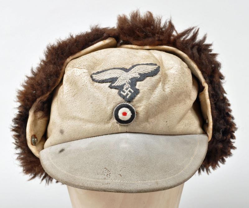 GERMAN WWII LUFTWAFFE WINTER HAT WITH BROWN FUR LINING.
