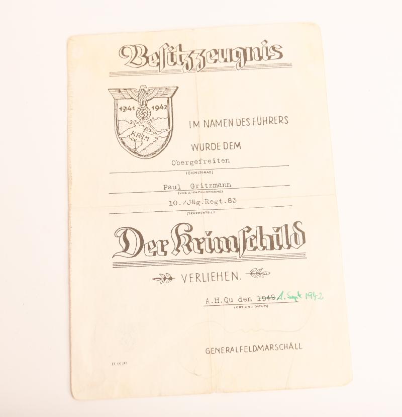 GERMAN WWII KRIM SHIELD CITATION.