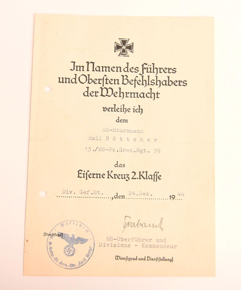 GERMAN WWII SS IRON CROSS 2ND CLASS CITATION.