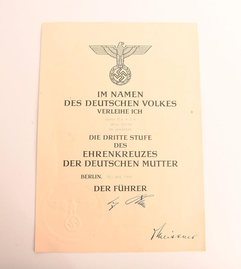 GERMAN THIRD REICH POST WAR DATED MOTHERS CROSS MEDAL CITATION.