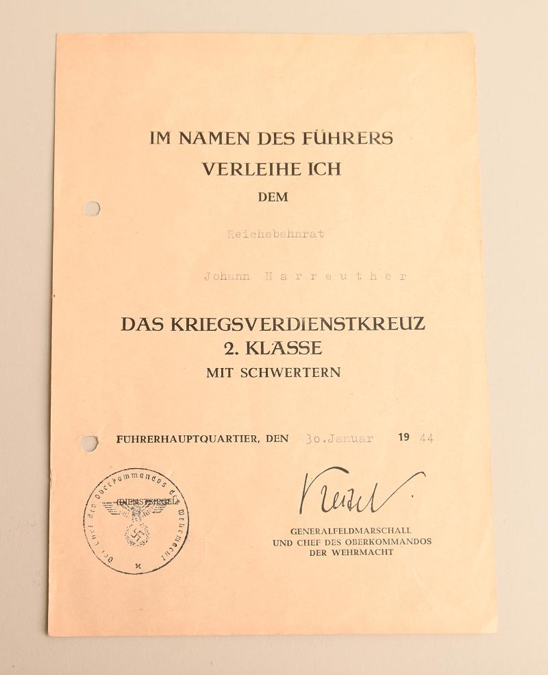 GERMAN WWII REICHBAHN WAR SERVICE CROSS 2ND CLASS WITH SWORDS CITATION.