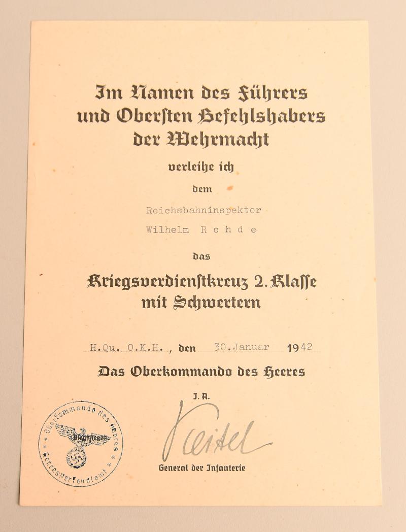 GERMAN WWII REICHBAHN WAR SERVICE CROSS 2ND CLASS WITH SWORDS CITATION.