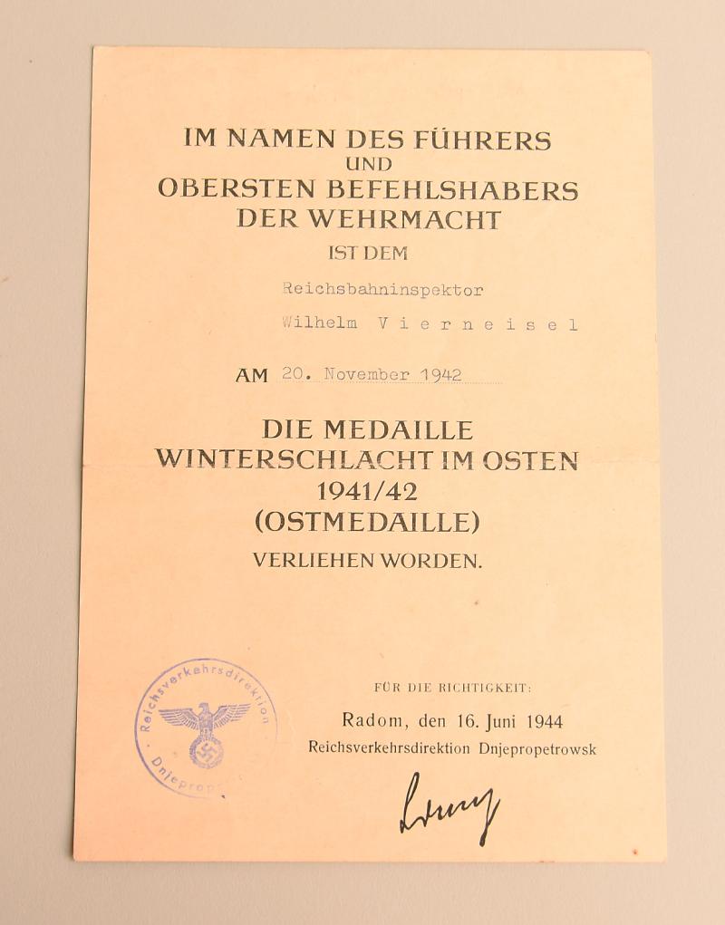 GERMAN WWII RIECHBAHN EAST FRONT MEDAL CITATION.