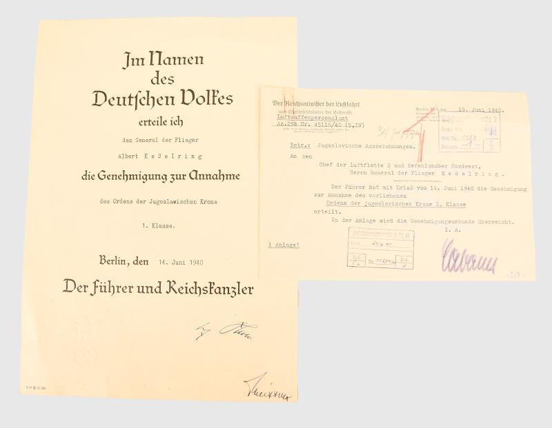 GERMAN WWII FIELD MARSHALL KESSELRING YUGOSLAVIAN ORDER CITATION.