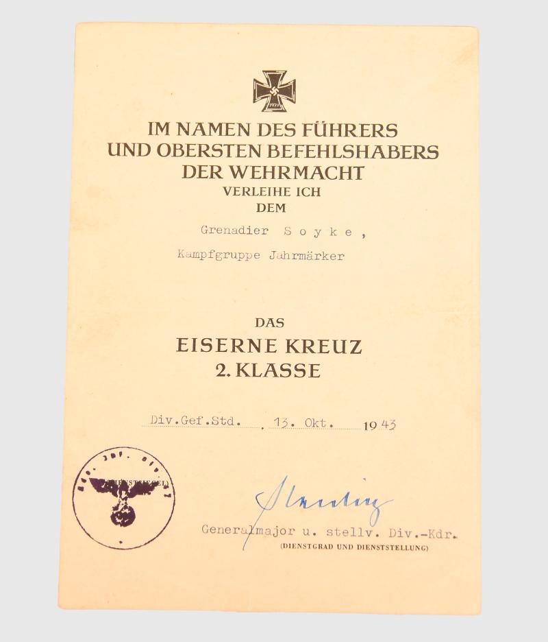 GERMAN WWII KAMPFGRUPPE JAHRMARKER IRON CROSS 2ND CLASS CITATION.