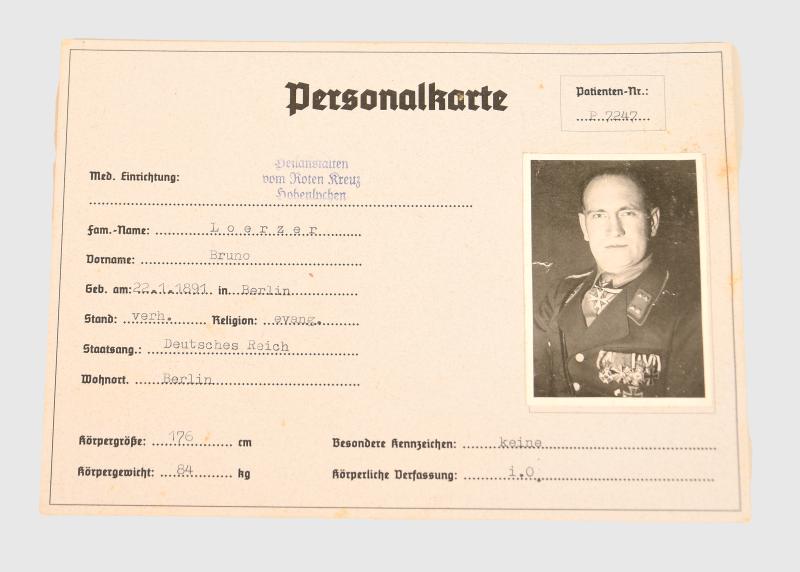 GERMAN WWII PERSONAL HOSPITAL CARD FOR BRUNO LOERZER.