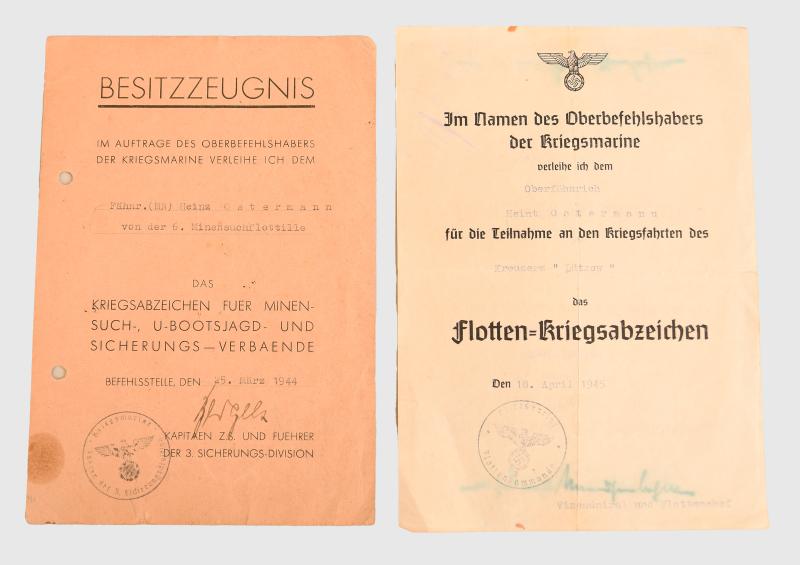 GERMAN WWII HIGH SEAS FLEET & MINESWEPPER BADGE CITATION GROUPING.