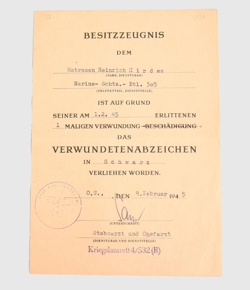 GERMAN WWII KRIEGSMARINE BLACK WOUND BADGE CITATION.
