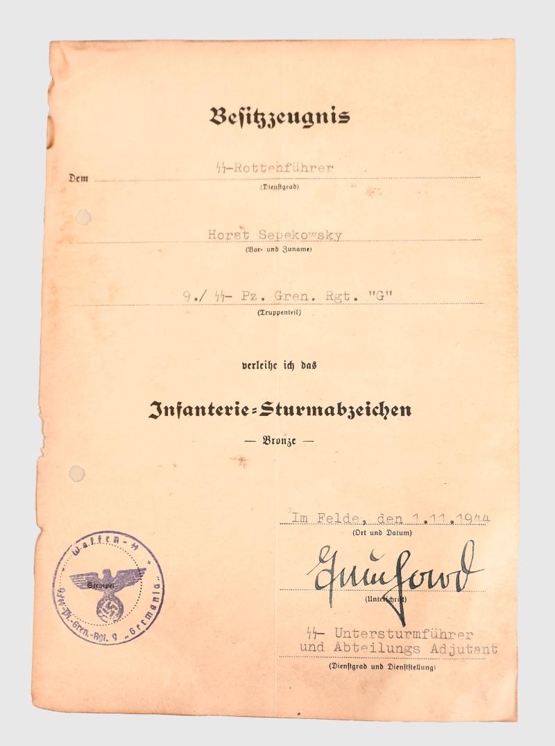GERMAN WWII SS PANZER GRENADIER REGIMENT GERMANIA CITATION.