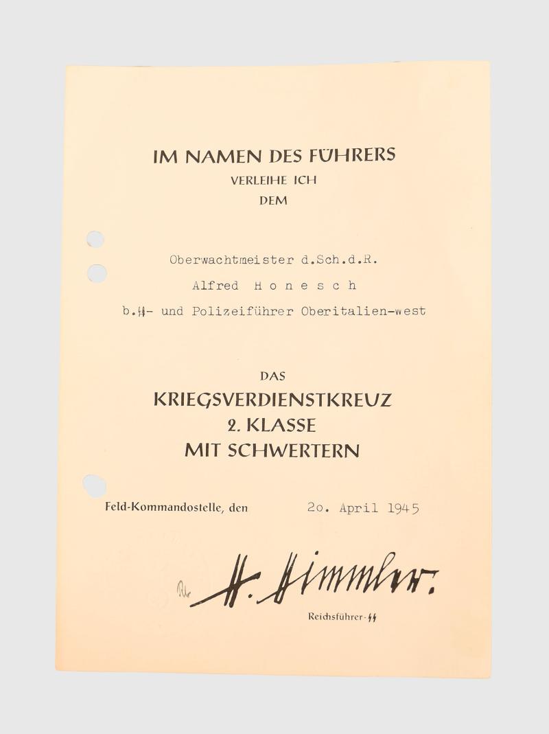 GERMAN WWII SS WAR SERVICE CROSS 2ND CLASS WITH SWORDS CITATION. HONESCH.
