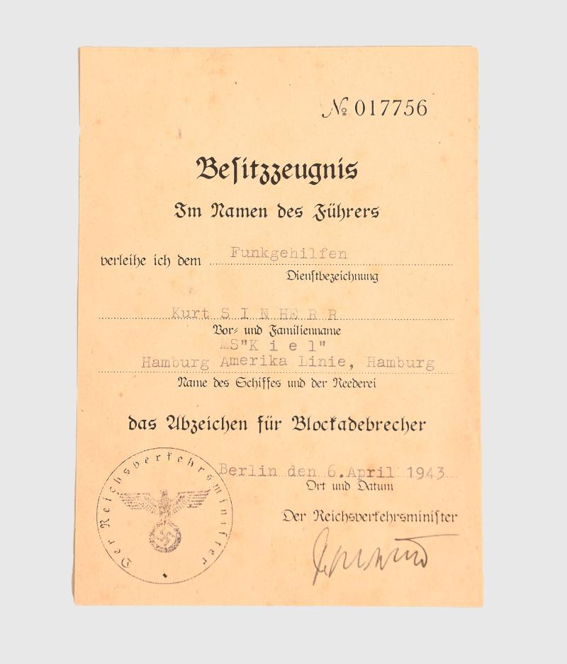 GERMAN WWII KRIEGSMARINE BLOCKADE BREAKER BADGE CITATION.