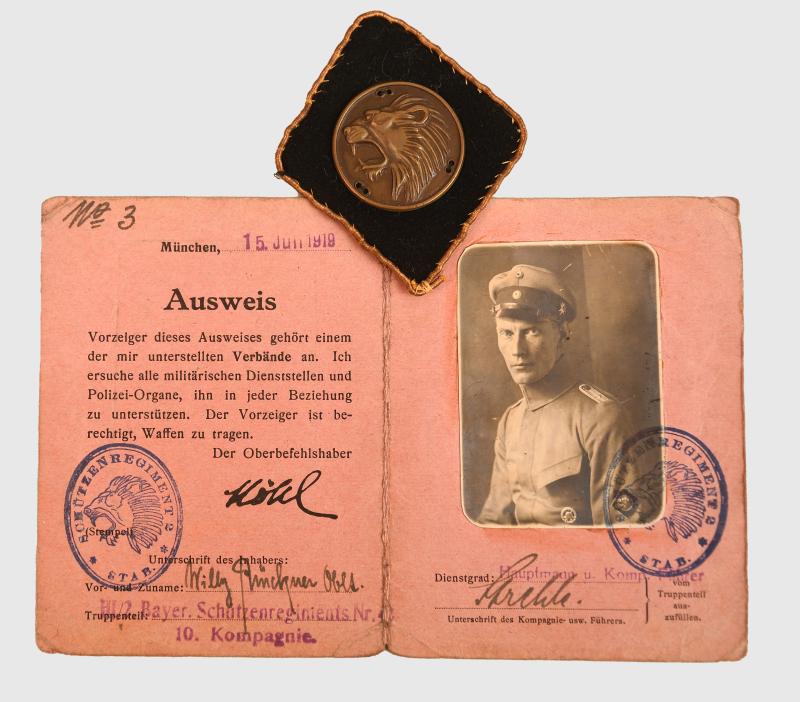 GERMAN WWII ADJUTANT TO ADOLF HITLER WILHELM BRUCKNERS FREIKORPS PASS AND INSIGNIA.