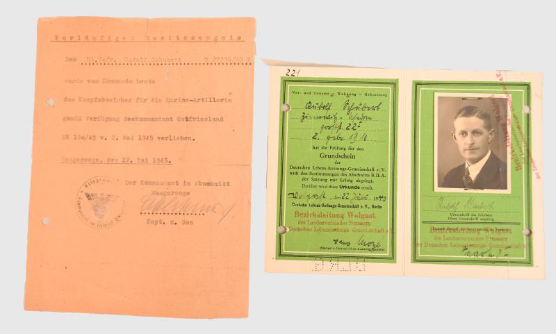 GERMAN WWII KRIEGSMARINE LATE WAR COASTAL ARTILLERY BADGE CITATION.
