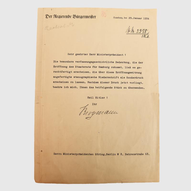GERMAN WWII DOCUMENT FROM THE BURGERMEISTER OF HAMBURG (MAYOR).