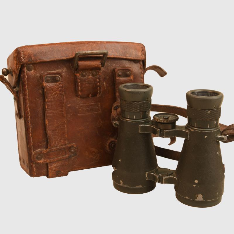 GERMAN WWI PATTERN 08 BINOCULARS CASED AND UNIT MARKED.