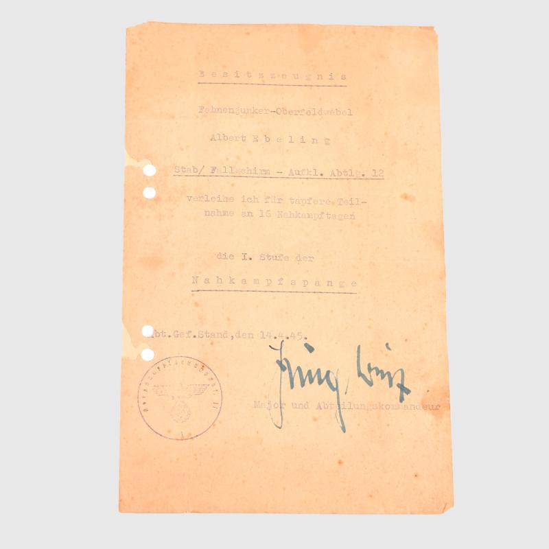 GERMAN WWII LUFTWAFFE PARATROOPER CLOSE COMBAT BAR CITATION.