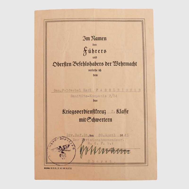 GERMAN WWII WAR SERVICE CROSS 2ND CLASS WITH SWORDS. SIGNED BY KNIGHTS CROSS WINNER.