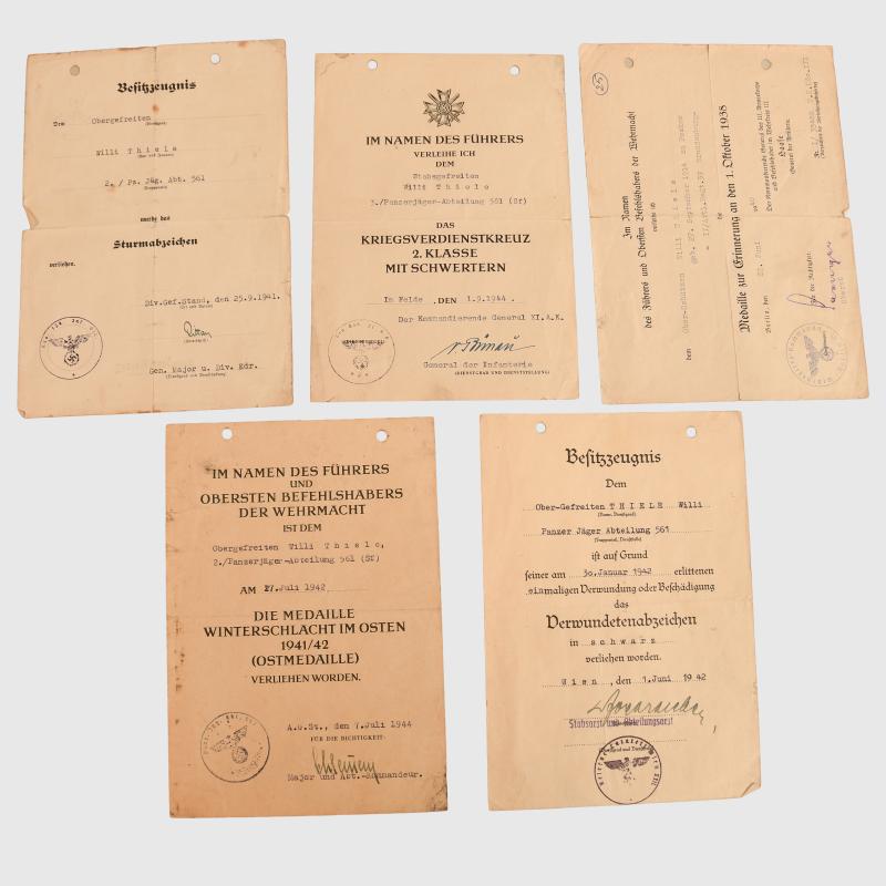 GERMAN WWII FIVE ANTI TANK BATTALION 561 CITATIONS.