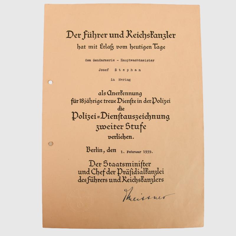 GERMAN THIRD REICH POLICE 18 YEAR LONG SERVICE CITATION.