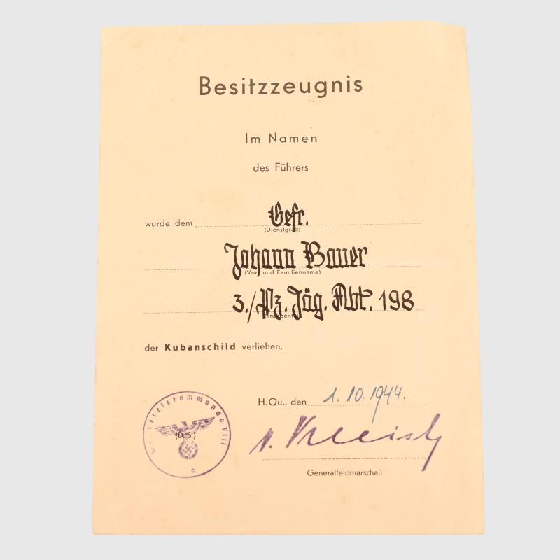 GERMAN WWII KUBAN SHIELD CITATION.