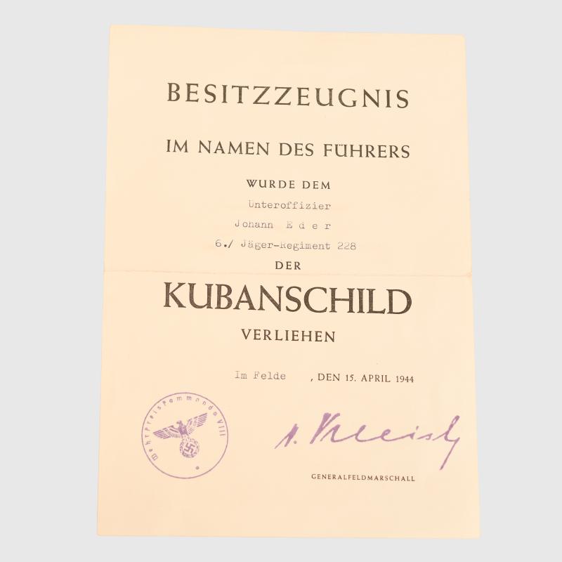 GERMAN WWII KUBAN SHIELD CITATION.