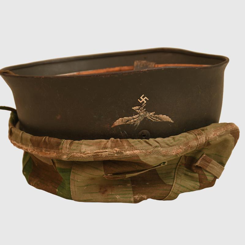 GERMAN WWII LUFTWAFFE SINGLE DECAL PARATROOPER HELMET WITH CLOTH COVER.