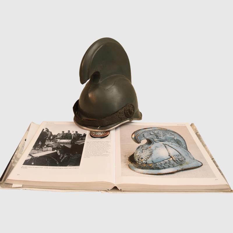 AUSTRIAN WWI 1905 PATTERN DRAGOON HELMET FOR OFFICERS IN PIKE GREY FOR FIELD SERVICE.