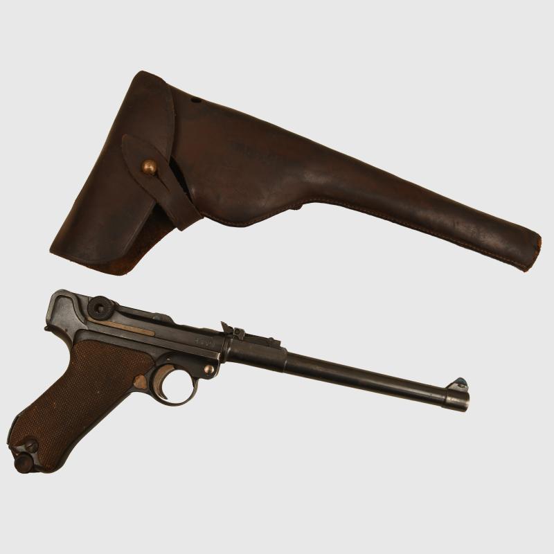 GERMAN WWI ARTILLERY LUGER IN BRITISH HOLSTER, DE-ACTIVATED.