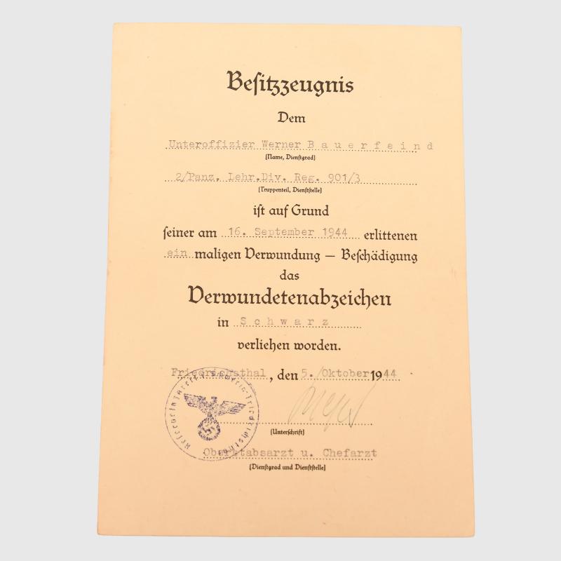 GERMAN WWII ARMY PANZER LEHR DIVISION CITATION AND SOLDBUCH SET.