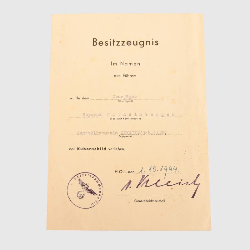 GERMAN WWII KUBAN SHIELD CITATION.