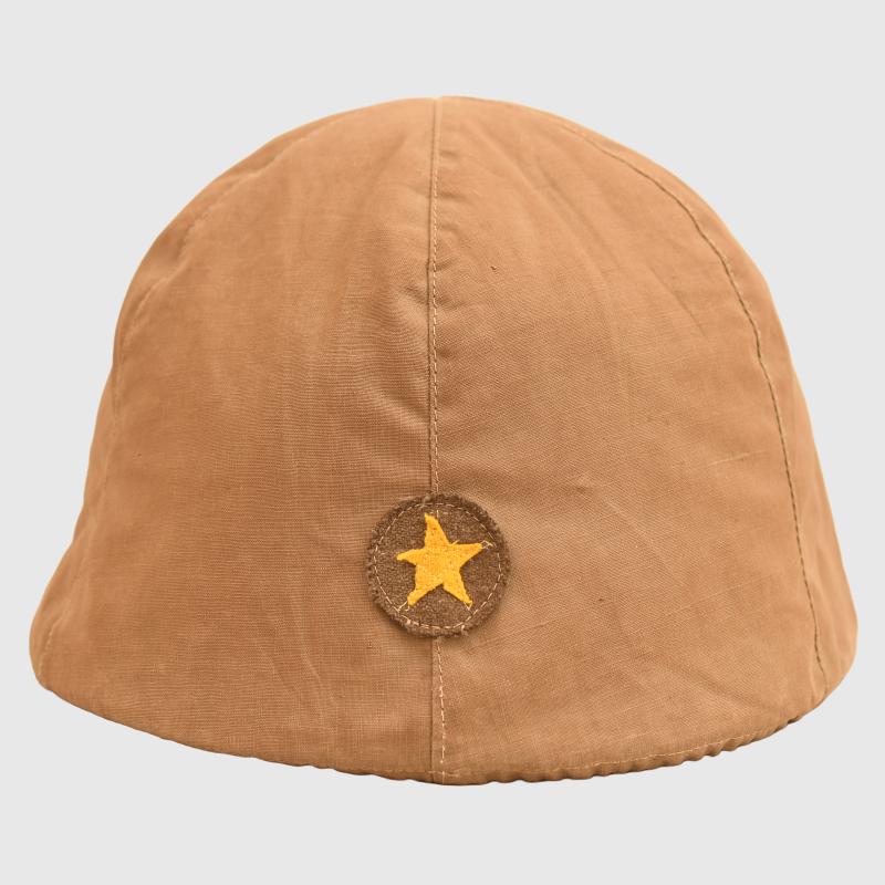 JAPANESE WWII JAPANESE TYPE 90 ARMY COMBAT HELMET WITH COVER AND MEMENTOES.