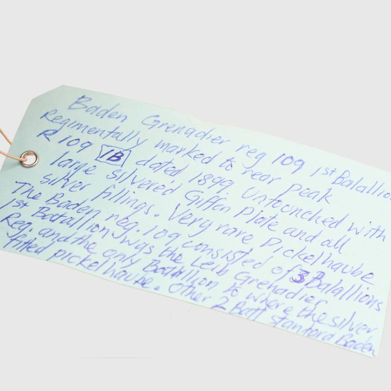 GERMAN WWI BADEN REGIMENT 109 ENLISTED RANKS PICKELHAUBE, REGIMENTALLY MARKED.