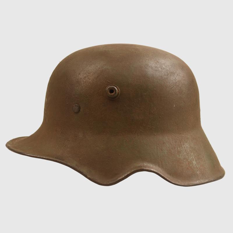 GERMAN WWI M.18 CUT OUT HELMET WITH REMAINS OF FLOCK FINISH.