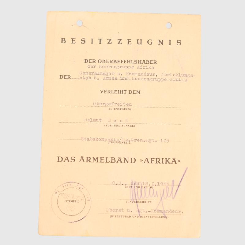 GERMAN WWII AFRIKA CUFFTITLE CITATION.
