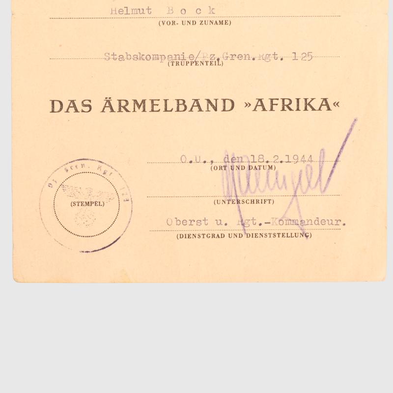 GERMAN WWII AFRIKA CUFFTITLE CITATION.