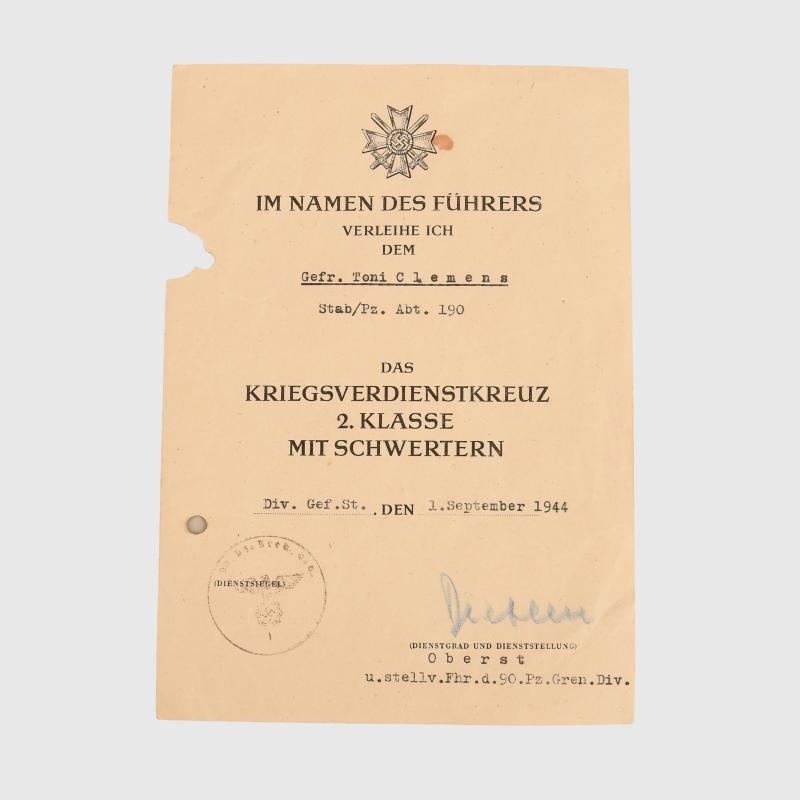 GERMAN WWII WAR SERVICE CROSS CITATION.