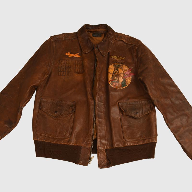 US WWII A2 LEATHER FLYING JACKET WITH PAINTED INSIGNIA.