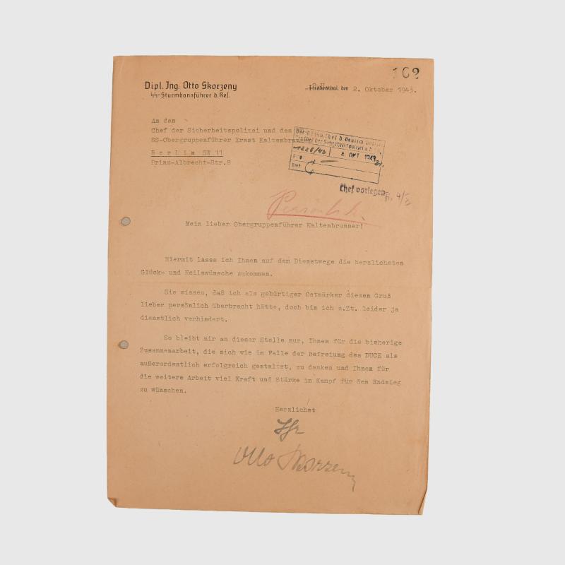 GERMAN WWII SS STURMBANNFUHRER OTTO SKORZENY IMPORTANT LETTER.