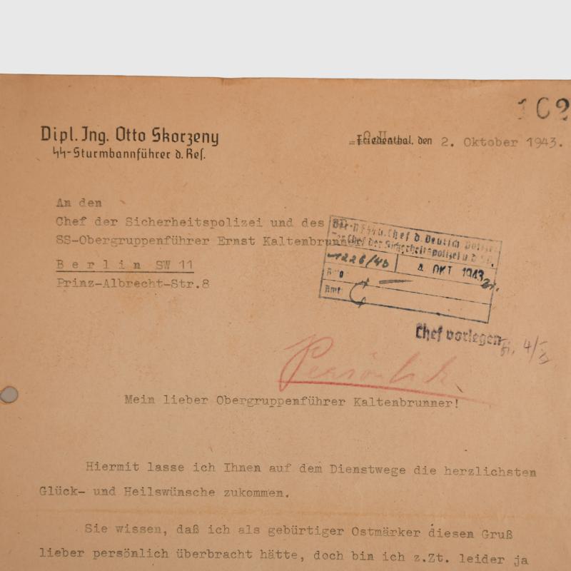 GERMAN WWII SS STURMBANNFUHRER OTTO SKORZENY IMPORTANT LETTER.