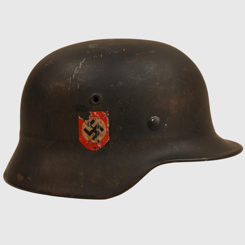 GERMAN WWII POLICE M.40 BEADED DOUBLE DECAL SEMI COMBAT HELMET WITH NON BORDERED DECAL.